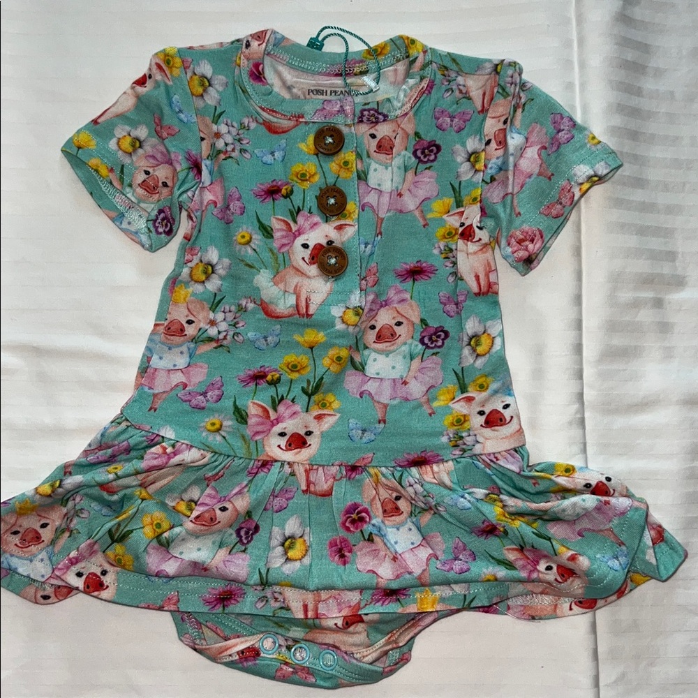 Posh Peanut MISSY Pigs Shirt Sleeve Henley Twirl Skirt Bodysuit 3-6 mo